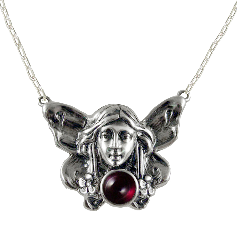Sterling Silver Victorian Winged Fairy Necklace With Garnet